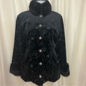 M.Miller Thinsulate Crushed Velvet Floral Stitch Removable Fur Trim Jacket Coat